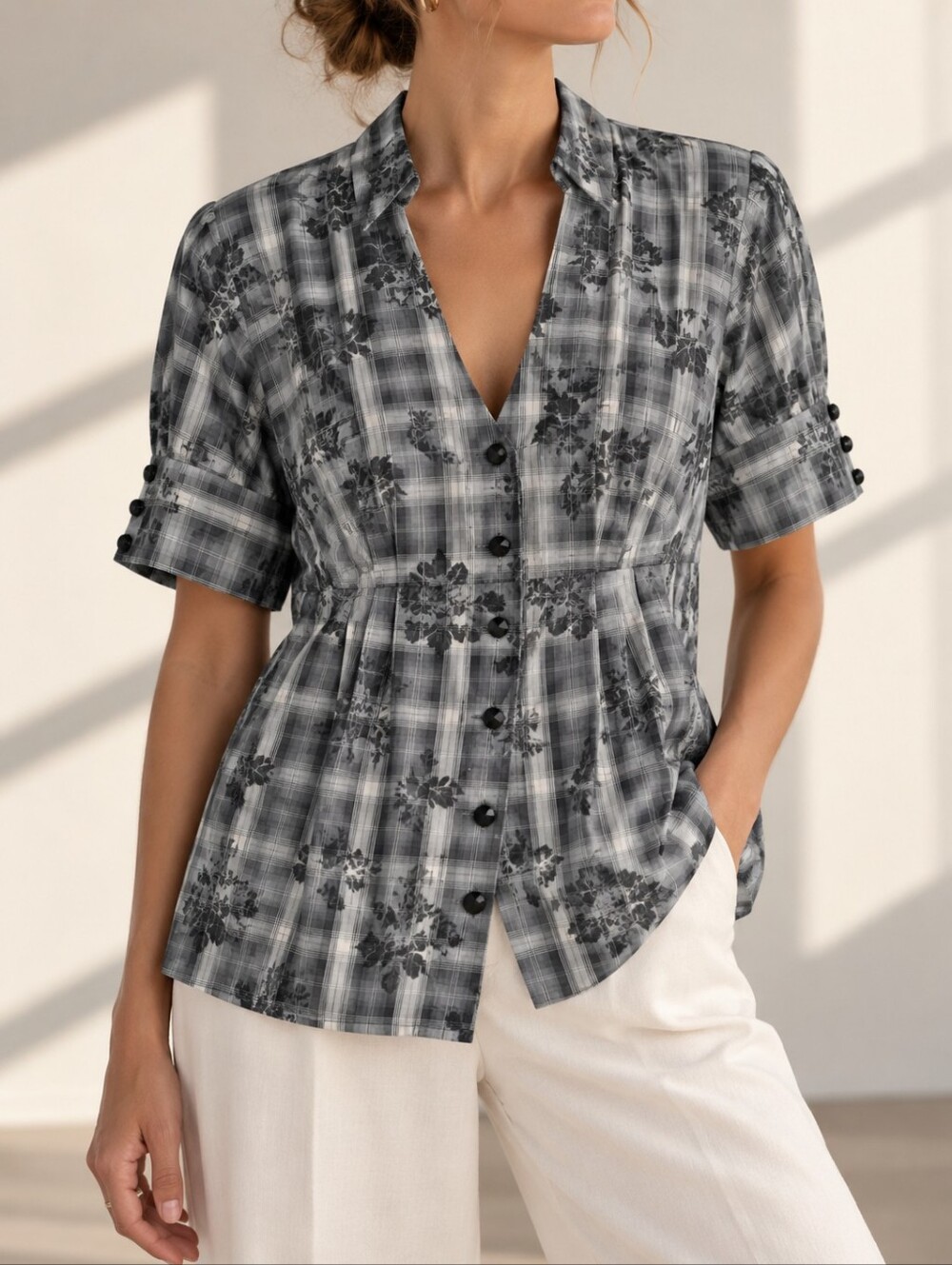 🇨🇦 Plum Plaid Floral Tailored Blouse Black Grey Button Front Pleated Career